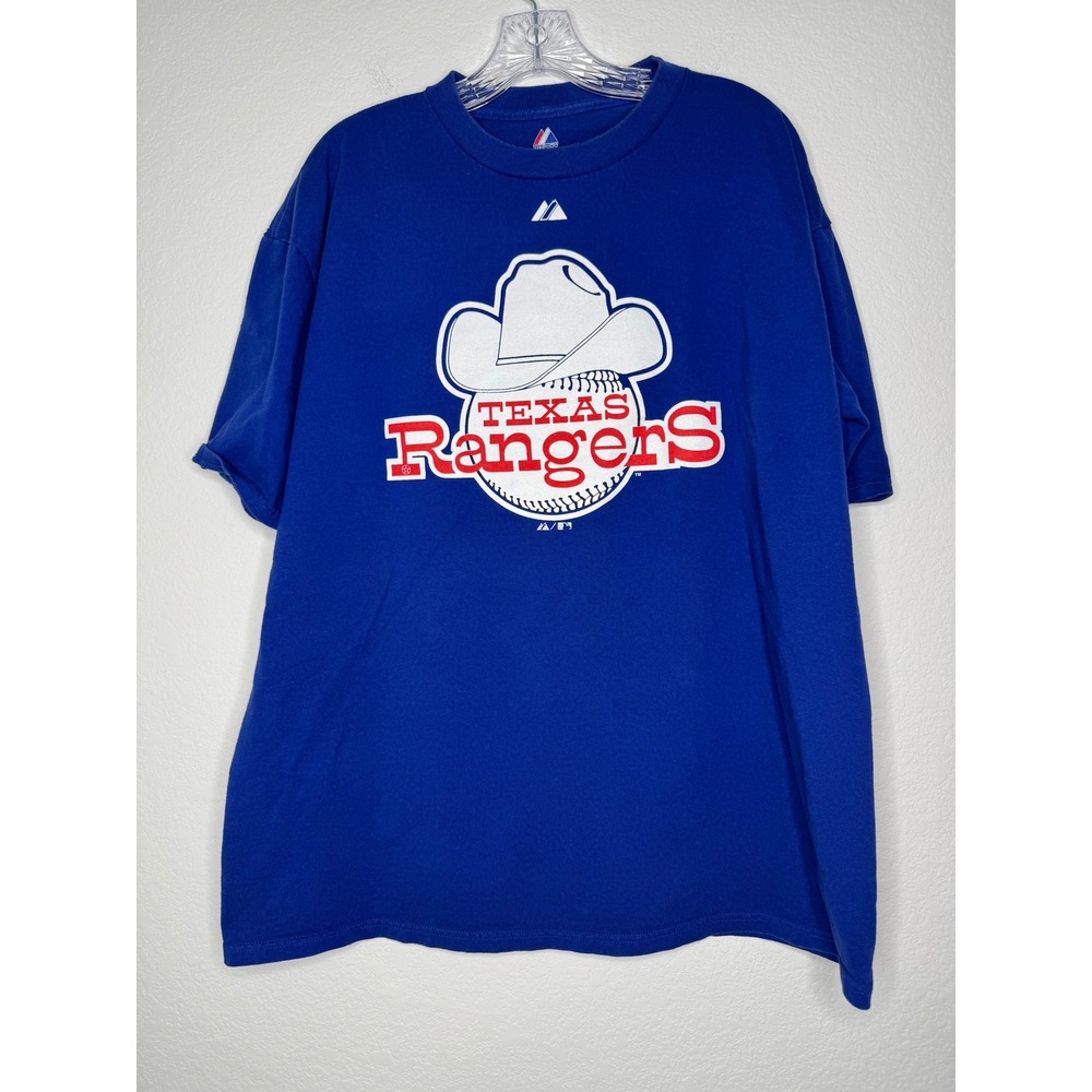 Majestic Texas Rangers MLB T Shirt Mens Size XL Royal Blue Cowboy Hat Baseball